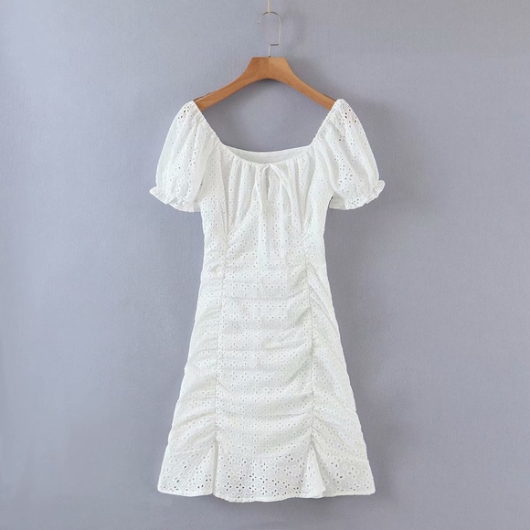 Boho White Eyelet Floral Fitted Ruffle Mini Dress - Picture 7 of 8